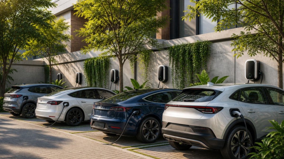 Carros elétricos: motorista conecta cabo de carregador em carro elétrico em eletroposto urbano ao entardecer.