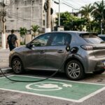 Carros elétricos: carro compacto elétrico conectado a carregador rápido em estacionamento aberto, com outros veículos ao fundo sob luz diurna.