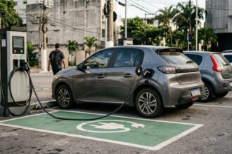 Carros elétricos: carro compacto elétrico conectado a carregador rápido em estacionamento aberto, com outros veículos ao fundo sob luz diurna.