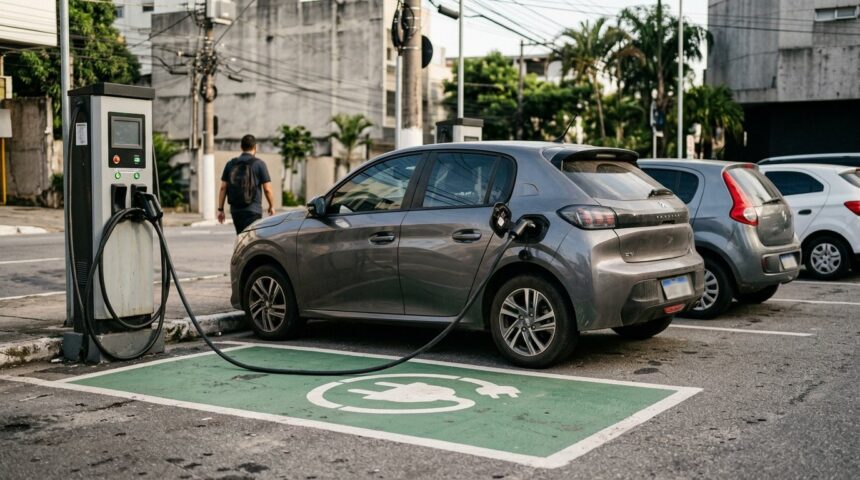 Carros elétricos: carro compacto elétrico conectado a carregador rápido em estacionamento aberto, com outros veículos ao fundo sob luz diurna.