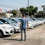 Carros usados até 50 mil: fileira de carros compactos populares seminovos em pátio a céu aberto com cliente de costas analisando opções.