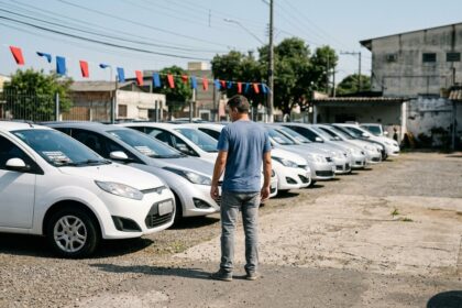 Carros usados até 50 mil: fileira de carros compactos populares seminovos em pátio a céu aberto com cliente de costas analisando opções.