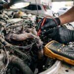 Chicote da sonda lambda: mãos de mecânico com pontas de teste de multímetro aferindo chicote e conector elétrico no cofre de motor automotivo.