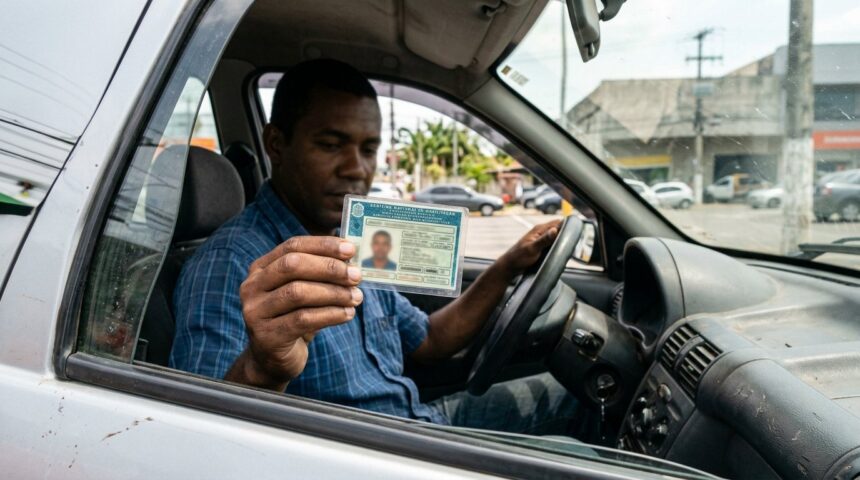CPF irregular trava renovação da CNH no Detran e atraso gera multa de R$ 293,47 1 Motorista segura a CNH aberta dentro do veículo mostrando atenção a pendências de CPF irregular na CNH.