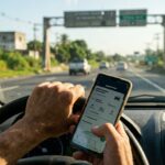 Detran Digital: mão de motorista segura celular ao volante dentro de carro, com rodovia brasileira e pórtico ao fundo sob luz do sol.