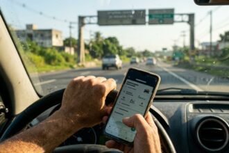 Detran Digital: mão de motorista segura celular ao volante dentro de carro, com rodovia brasileira e pórtico ao fundo sob luz do sol.