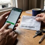 Detran Goiás online: mãos segurando celular perto de boleto bancário e chave de carro sobre mesa de madeira, ilustrando pagamento de taxas veiculares.