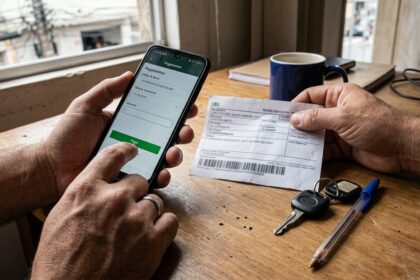 Detran Goi&aacute;s online: m&atilde;os segurando celular perto de boleto banc&aacute;rio e chave de carro sobre mesa de madeira, ilustrando pagamento de taxas veiculares.