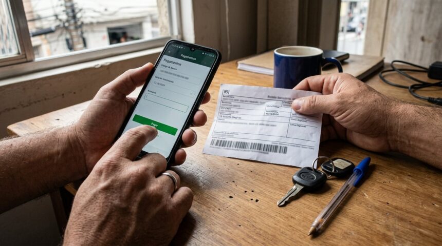 Detran Goiás exige atenção a prazos de 72 horas e parcelamento do IPVA em até 6 parcelas 1 Detran Goiás online: mãos segurando celular perto de boleto bancário e chave de carro sobre mesa de madeira, ilustrando pagamento de taxas veiculares.