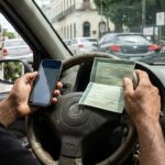 Detran PE: mãos de motorista segurando documento do veículo e smartphone no volante do carro para consulta de taxas e débitos veiculares.