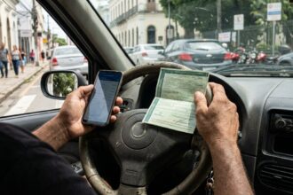 Detran PE: mãos de motorista segurando documento do veículo e smartphone no volante do carro para consulta de taxas e débitos veiculares.