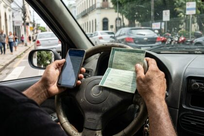 Detran PE: mãos de motorista segurando documento do veículo e smartphone no volante do carro para consulta de taxas e débitos veiculares.