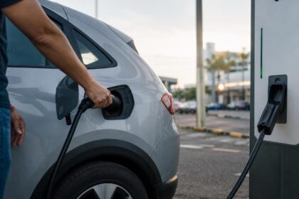 Motorista conecta o cabo de um eletroposto na tomada de recarga de um carro elétrico