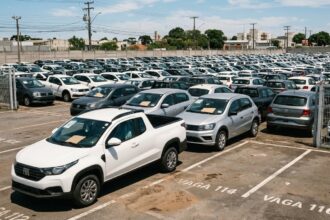 Emplacamentos de veículos: fileiras de carros zero quilômetro alinhados em pátio ensolarado de concessionária, com picape compacta branca em primeiro plano.