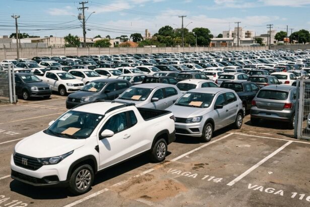 Emplacamentos de veículos: fileiras de carros zero quilômetro alinhados em pátio ensolarado de concessionária, com picape compacta branca em primeiro plano.