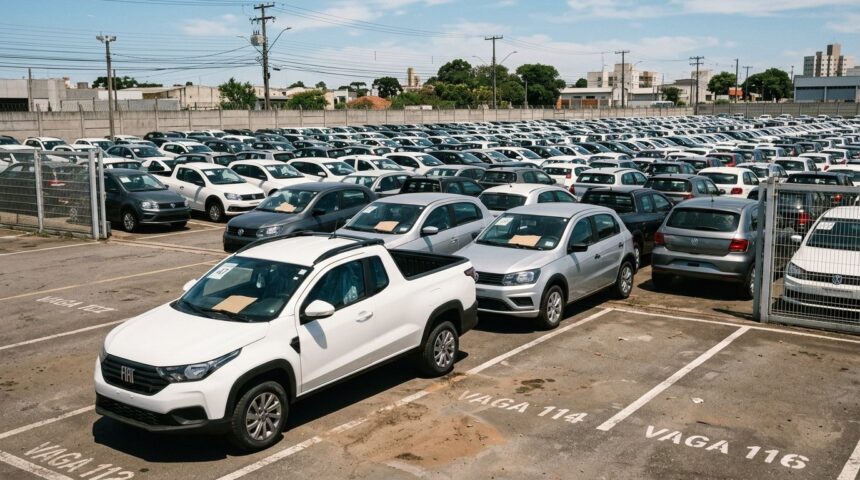 Brasil atinge 509.686 emplacamentos em setembro com alta de 8,32% sob liderança da Fiat Strada 1 Emplacamentos de veículos: fileiras de carros zero quilômetro alinhados em pátio ensolarado de concessionária, com picape compacta branca em primeiro plano.