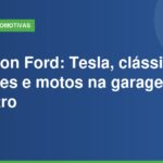 Carros de Harrison Ford: sUV elétrico moderno ao lado de esportivo clássico em garagem de alto padrão, simbolizando coleção de veículos exclusivos.