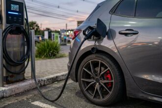 ID. Polo GTI: plugue de carregador elétrico conectado a hatch esportivo moderno com pinça de freio esportiva em eletroposto rodoviário.