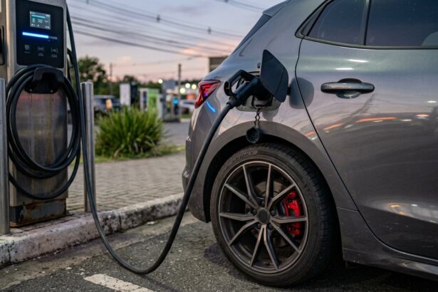 ID. Polo GTI: plugue de carregador elétrico conectado a hatch esportivo moderno com pinça de freio esportiva em eletroposto rodoviário.