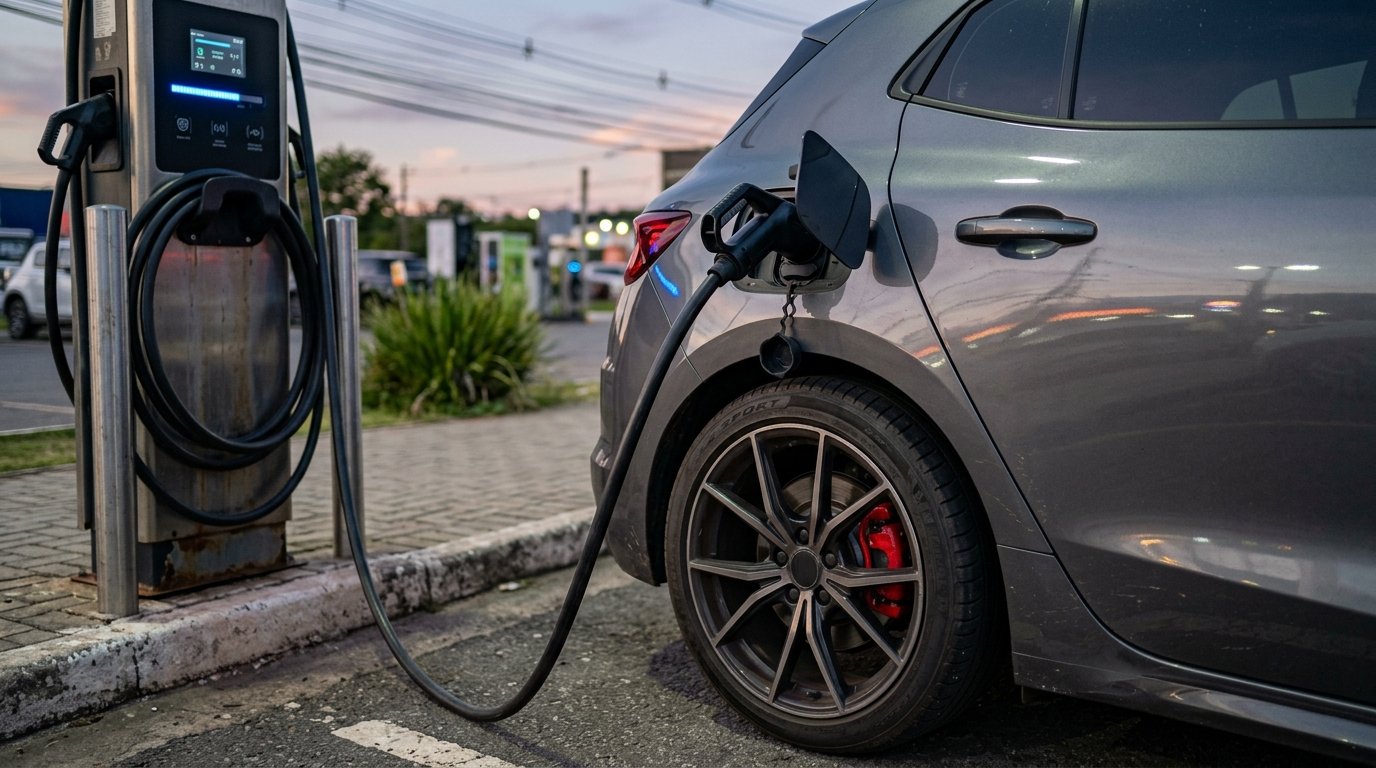 ID. Polo GTI: plugue de carregador elétrico conectado a hatch esportivo moderno com pinça de freio esportiva em eletroposto rodoviário.