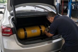 Cilindro de GNV no porta-malas de um carro durante a instalação de GNV numa oficina