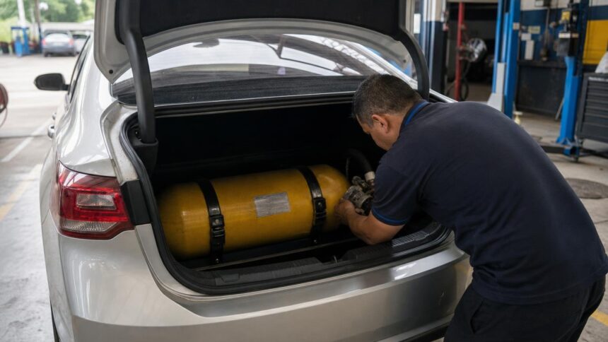 Instalação de GNV: quanto custa o kit, a inspeção e o documento, de R$ 3.000 a mais de R$ 8 mil 1 Cilindro de GNV no porta-malas de um carro durante a instalação de GNV numa oficina