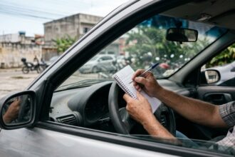 IPVA 2027 estimado no RJ: motorista fazendo cálculos financeiros com bloco de notas apoiado no volante dentro do veículo.