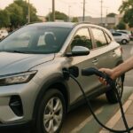 IPVA carro elétrico 2027: motorista conecta o cabo de recarga num carro elétrico em eletroposto