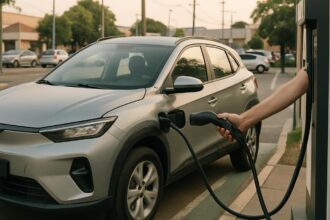 IPVA carro elétrico 2027: motorista conecta o cabo de recarga num carro elétrico em eletroposto