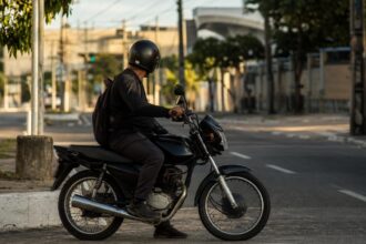 Motociclista com moto de baixa cilindrada em avenida de Sergipe, público da isenção de IPVA para moto do Rode Bem