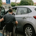 Isenção IPVA PCD 2027: pessoa em cadeira de rodas abre a porta do carro numa vaga reservada