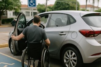 Isenção IPVA PCD 2027: pessoa em cadeira de rodas abre a porta do carro numa vaga reservada