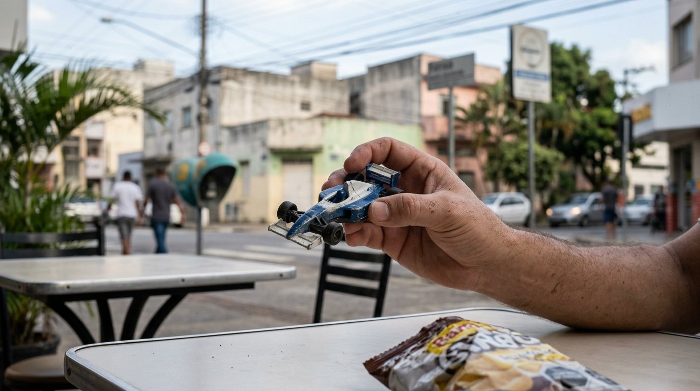 Miniaturas de Fórmula 1: close-up em miniatura de carro de corrida sobre mesa em ambiente urbano.