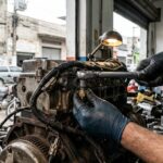 Motor batendo pino: mecânico ajusta componente no bloco de motor aberto com torquímetro em oficina mecânica brasileira bem iluminada.