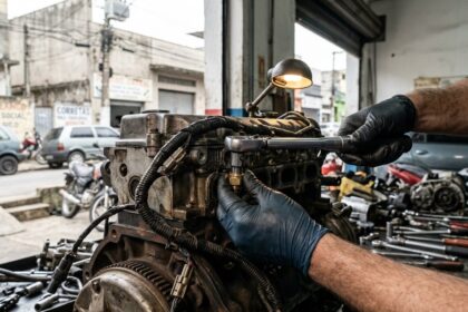 Motor batendo pino: mecânico ajusta componente no bloco de motor aberto com torquímetro em oficina mecânica brasileira bem iluminada.