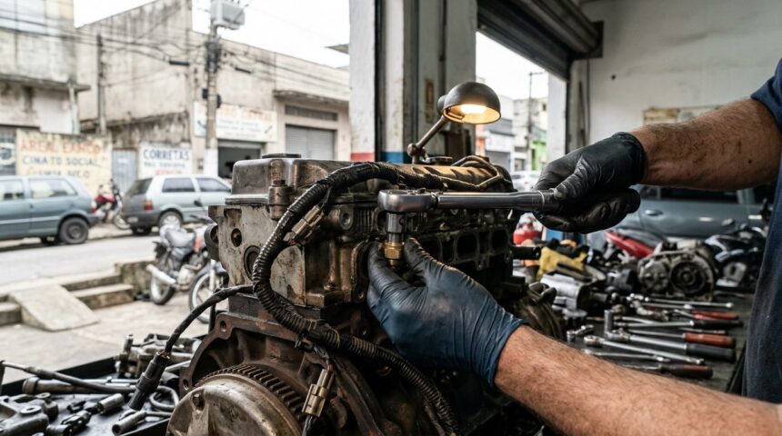 Motor batendo pino exige alívio no acelerador e aperto correto do sensor para evitar danos 1 Motor batendo pino: mecânico ajusta componente no bloco de motor aberto com torquímetro em oficina mecânica brasileira bem iluminada.