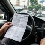 Multa de trânsito caduca: mãos de motorista segurando folha de notificação de multa dentro do carro parado, com o volante e a rua desfocados ao fundo.