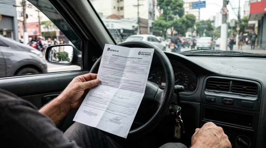 CTB anula cobrança com prazo de 180 a 360 dias se órgão atrasar notificação 1 Multa de trânsito caduca: mãos de motorista segurando folha de notificação de multa dentro do carro parado, com o volante e a rua desfocados ao fundo.