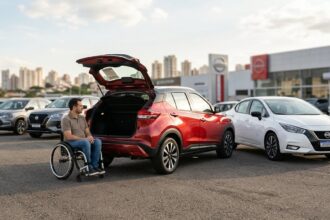 Pcd nissan: nissan PCD: pessoa em cadeira de rodas ao lado de um Nissan Kicks 0 km com o porta-malas aberto