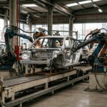 Novo carro eletrificado nacional: estrutura de chassi veicular automotivo sendo montada em linha de produção moderna.