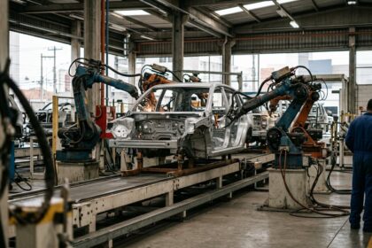 Novo carro eletrificado nacional: estrutura de chassi veicular automotivo sendo montada em linha de produ&ccedil;&atilde;o moderna.