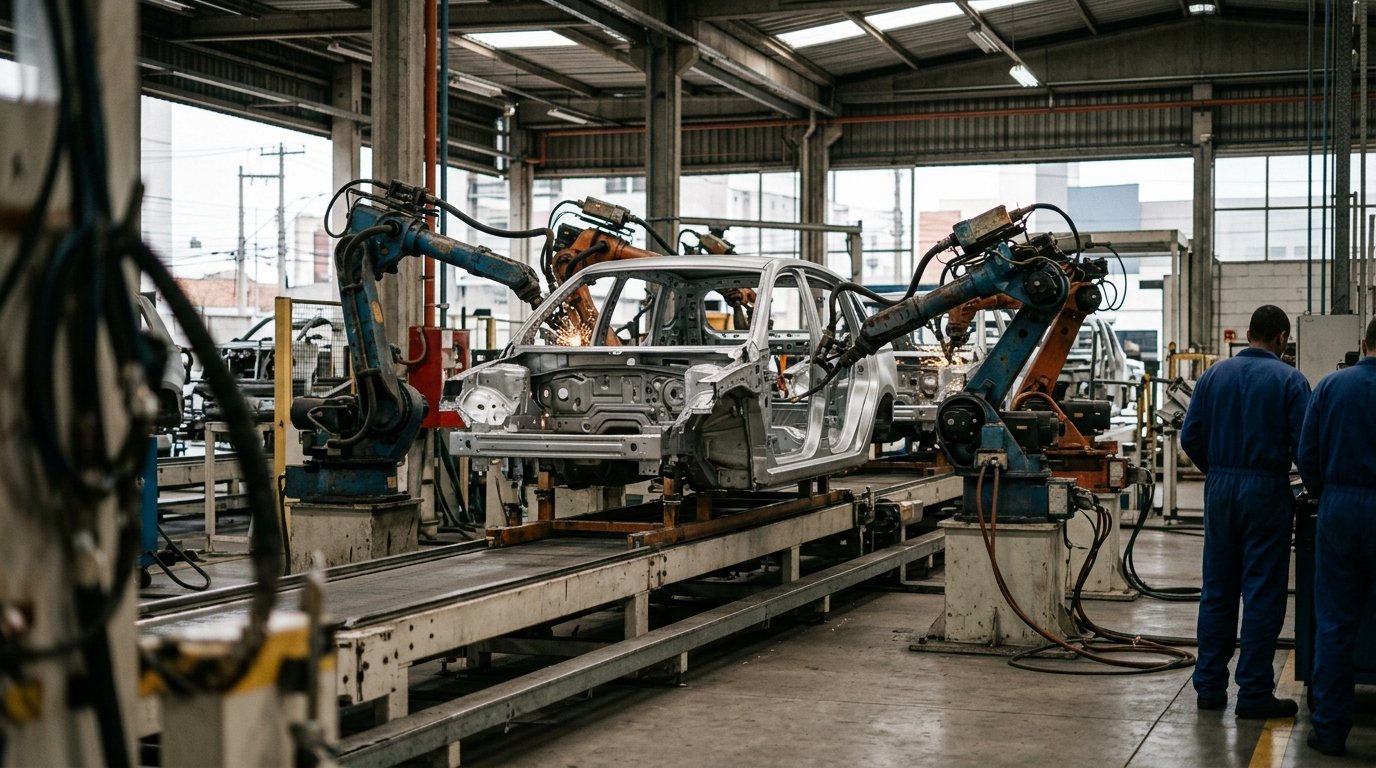 Novo carro eletrificado nacional: estrutura de chassi veicular automotivo sendo montada em linha de produção moderna.