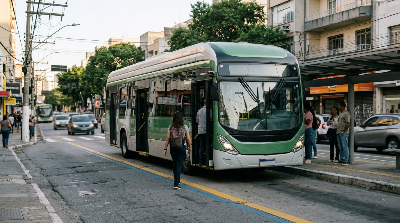 Ônibus elétrico num ponto de avenida brasileira, tema dos debates de transporte no Pavilhão Brasil COP31
