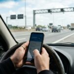 Pedágio free flow: mãos seguram smartphone no interior de veículo em acostamento de rodovia, com pórtico de cobrança eletrônica ao fundo.