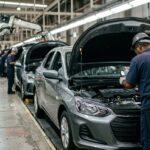 Políticas públicas para o setor automotivo: operário de costas inspeciona motor em linha de montagem industrial brasileira de veículos modernos.