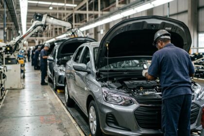 Pol&iacute;ticas p&uacute;blicas para o setor automotivo: oper&aacute;rio de costas inspeciona motor em linha de montagem industrial brasileira de ve&iacute;culos modernos.