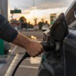 Pontos de recarga: cabo de recarga conectado a um carro elétrico em eletroposto de rodovia
