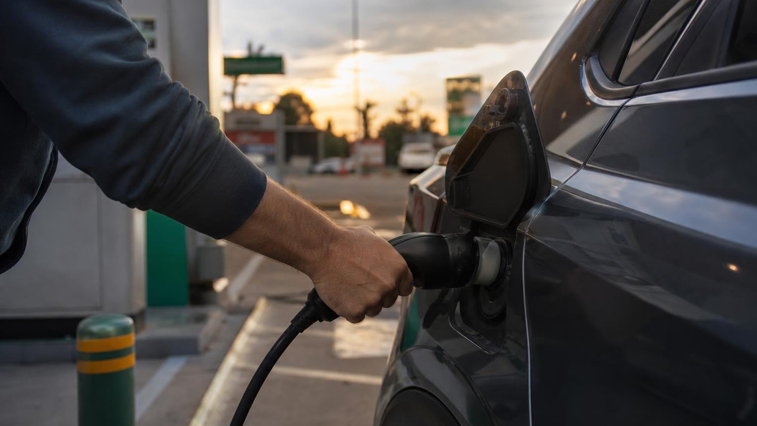 Pontos de recarga: cabo de recarga conectado a um carro elétrico em eletroposto de rodovia