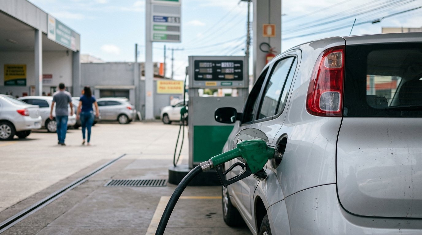 Bico da bomba de combustível em abastecimento de veículo durante fiscalização de preço abusivo de combustíveis.
