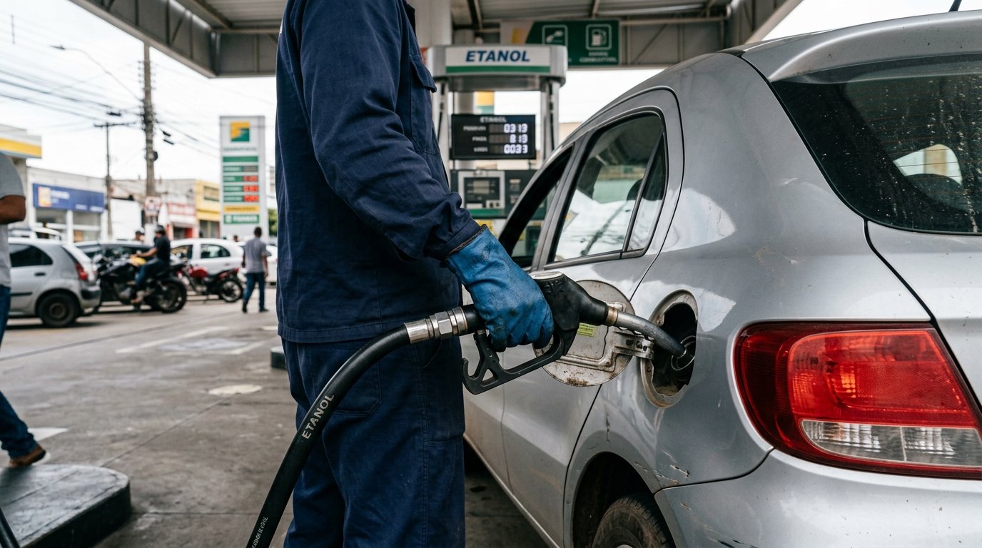 Preço do etanol: frentista inserindo bico de abastecimento de combustível no tanque de um automóvel em posto brasileiro, com bomba ao fundo desfocada.